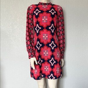 Donna Morgan Mod Geometric Floral Shift Dress Womens 6 Retro 60s Long Sleeve